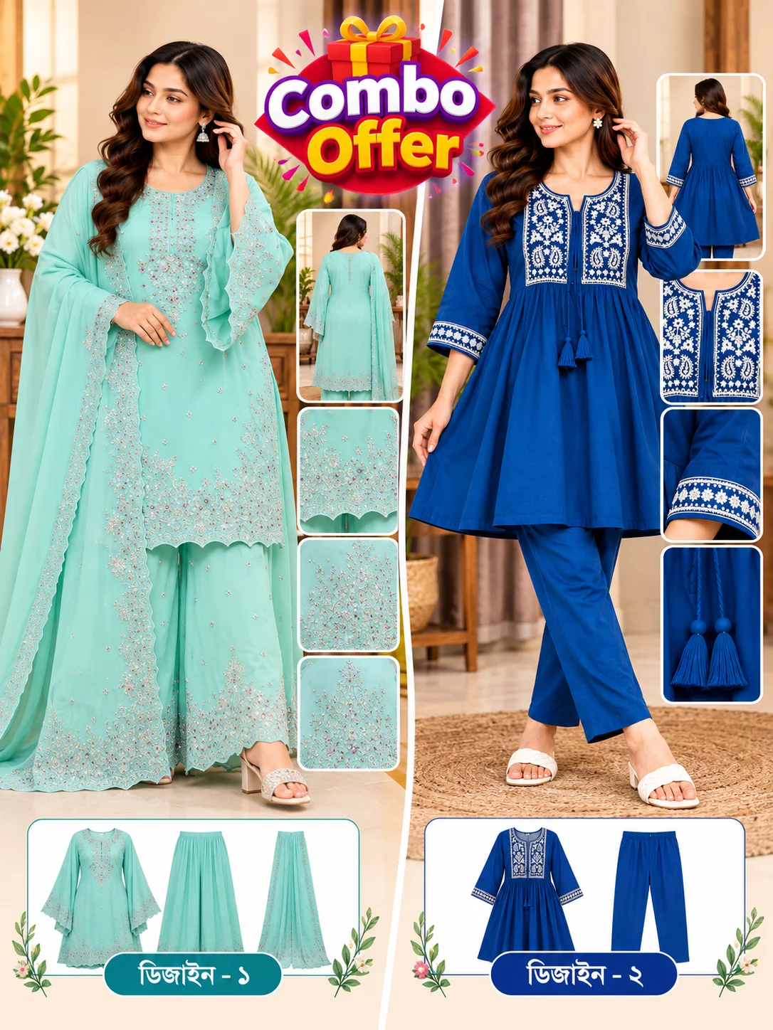 Rainbow Royal Combo – Garara & 2 Pcs Women’s Dress Set