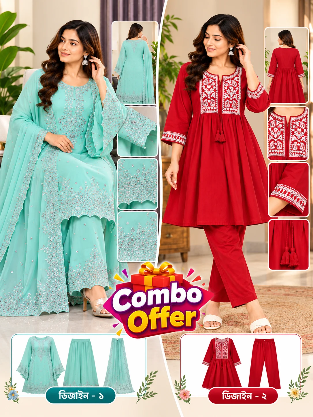 Rainbow Royal Combo – Garara & 2 Pcs Women’s Dress Set 8