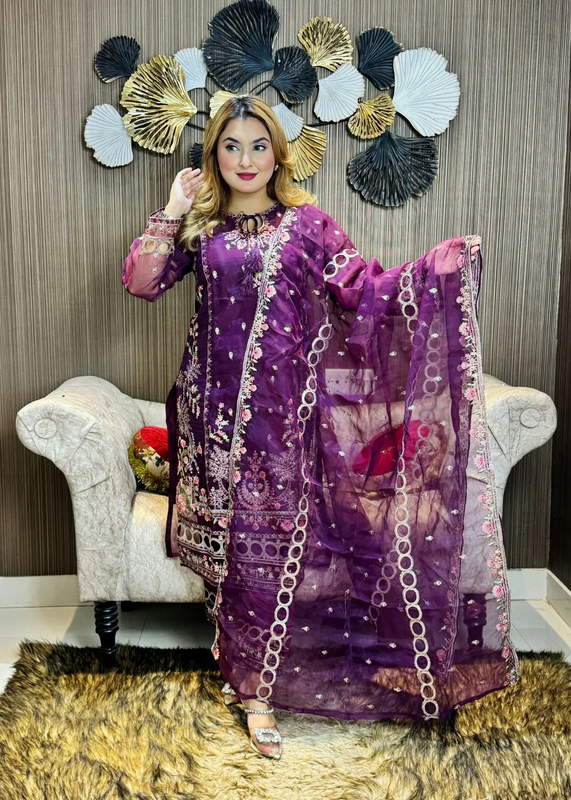 অর্গানজা ম্যাটেরিয়াল ভাইরাল রিং থ্রি-পিস পার্পেল